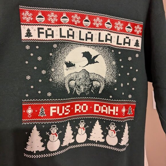 Skyrim Elder Scrolls Ugly Christmas Sweater Fus Ro Dah Santa Sleigh Sweater EUC - Picture 1 of 7